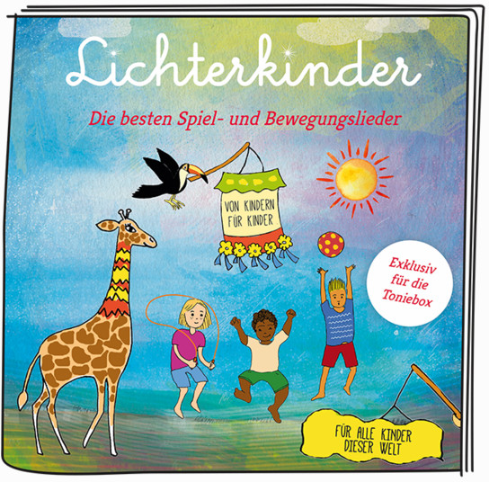 Kinderbuchcover mit Giraffe, Kindern und Sonne. Der Titel lautet 'Lichterkinder'.
