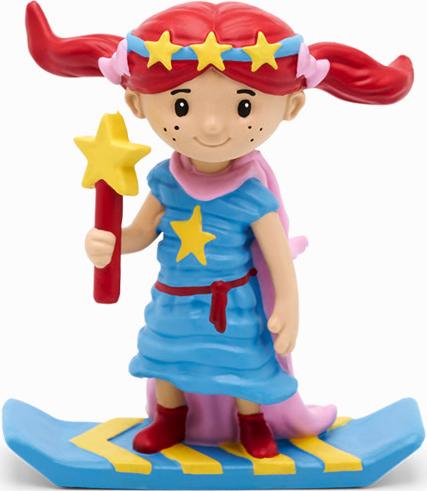 Eine Cartoon-Mädchenfigur in blauem Kleid und rosa Umhang, die auf einem blauen Skateboard mit gelben Streifen steht.