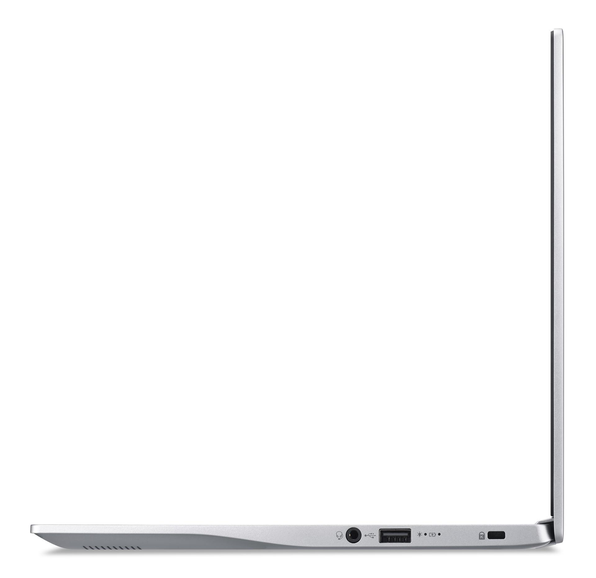 Silberner Laptop, geschlossen, Seitenansicht. Es hat Anschlüsse an der Seite.