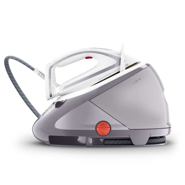 A steam iron on white and grey base, with a grey cable, isolated on a black background.