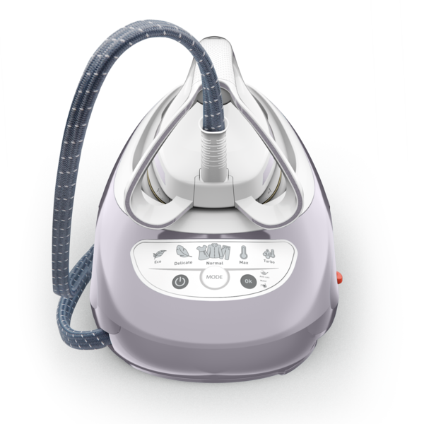 A light purple clothes steamer with a control panel and a gray hose.