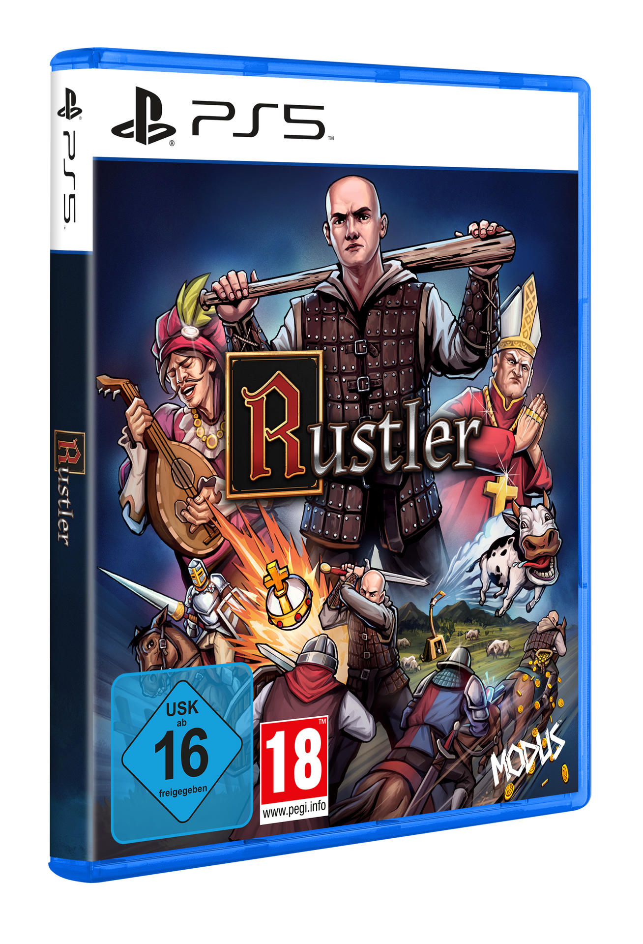 Spielbox-Art von Rustler, mit einem glatzköpfigen Mann, der einen Baseballschläger hält, umgeben von mittelalterlichen Charakteren. Blauer PS5-Koffer.