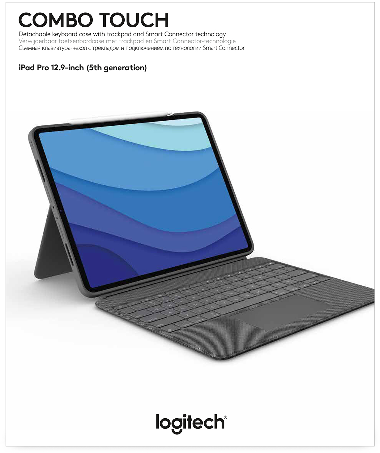 Tablette avec étui clavier, affichant une image bleue et blanche, fond blanc.