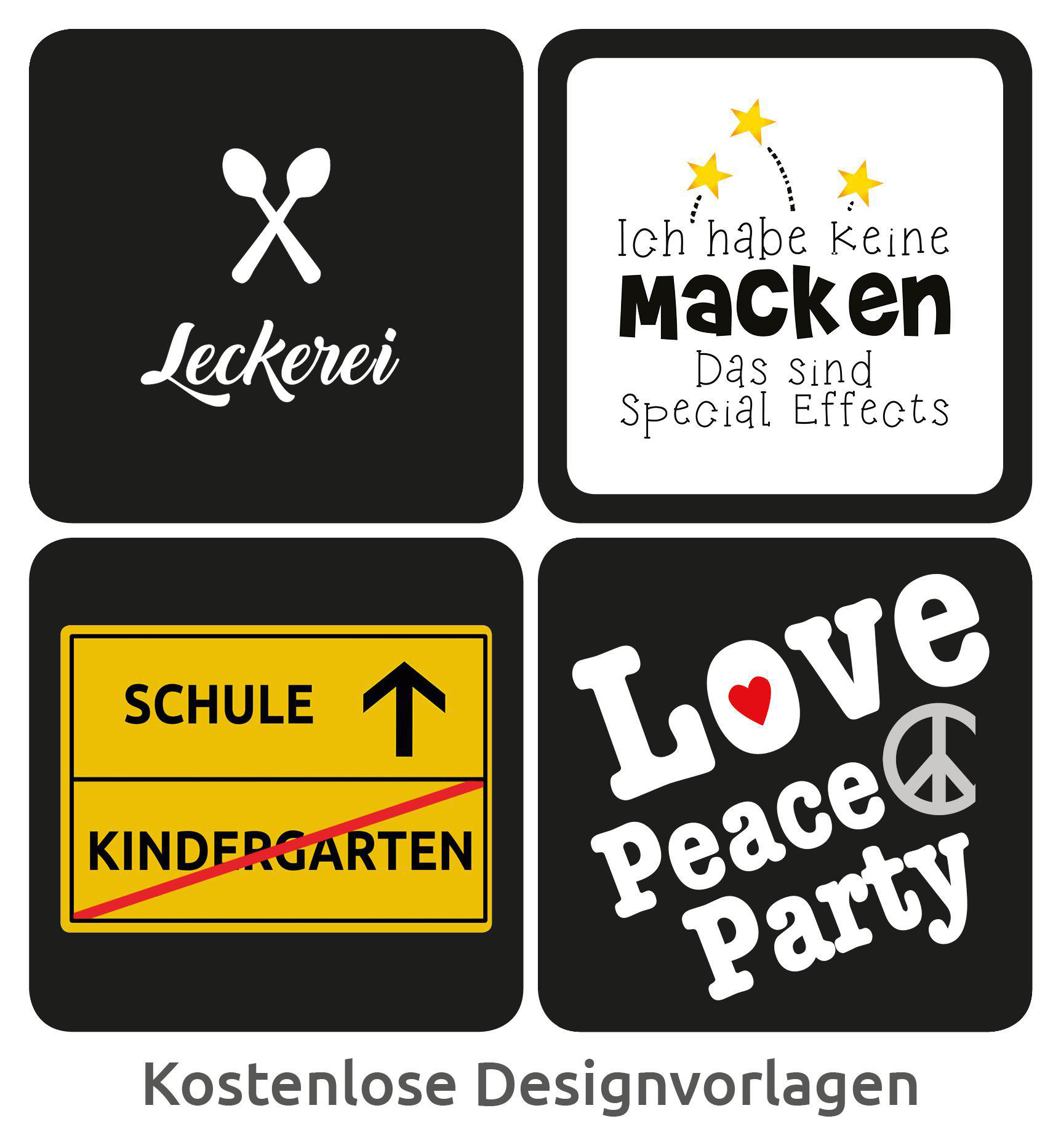 Vier schwarz-weiße Aufkleberdesigns mit Text: Essen, Sterne, Schule und Liebe.