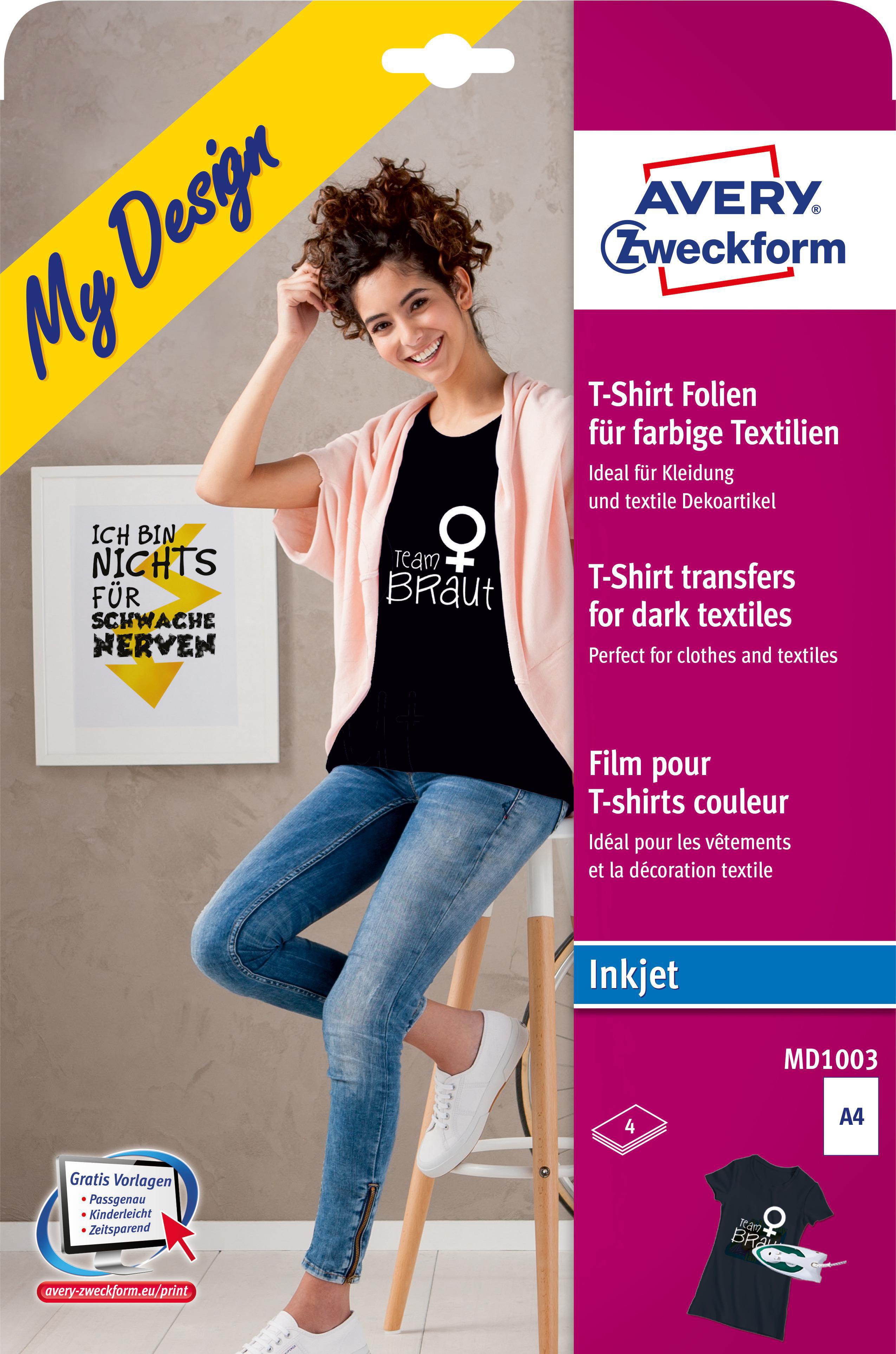 Frau in schwarzem Shirt mit "Team Braut", mit weißem T-Shirt und Jeans.