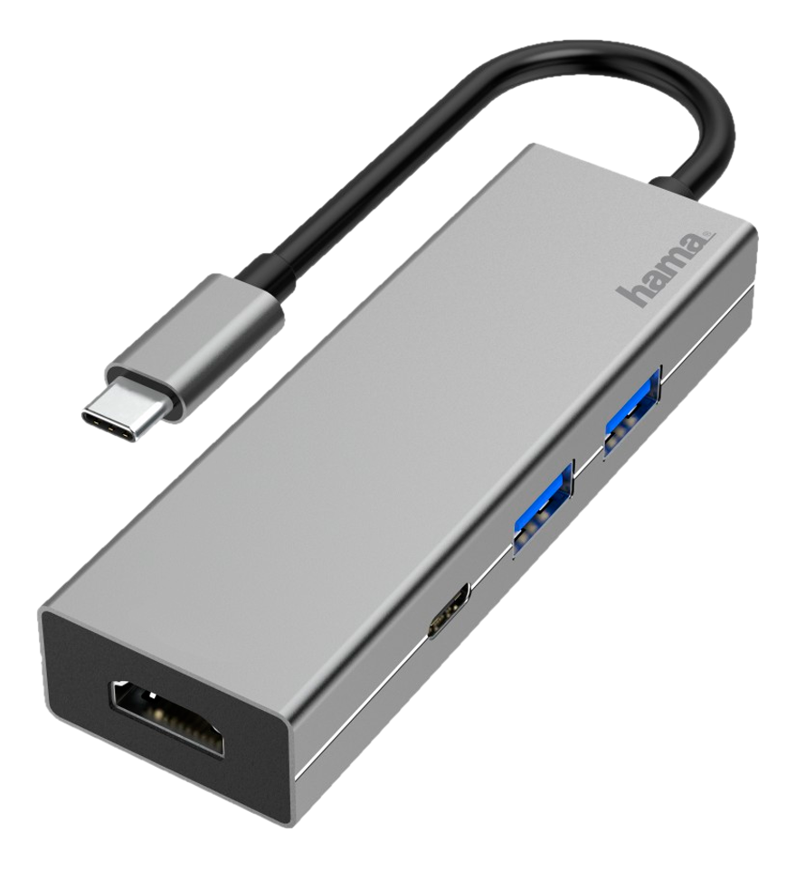 Hub USB-C argentato con HDMI, USB e altre porte. Cavo nero collegato a un connettore USB-C argentato.