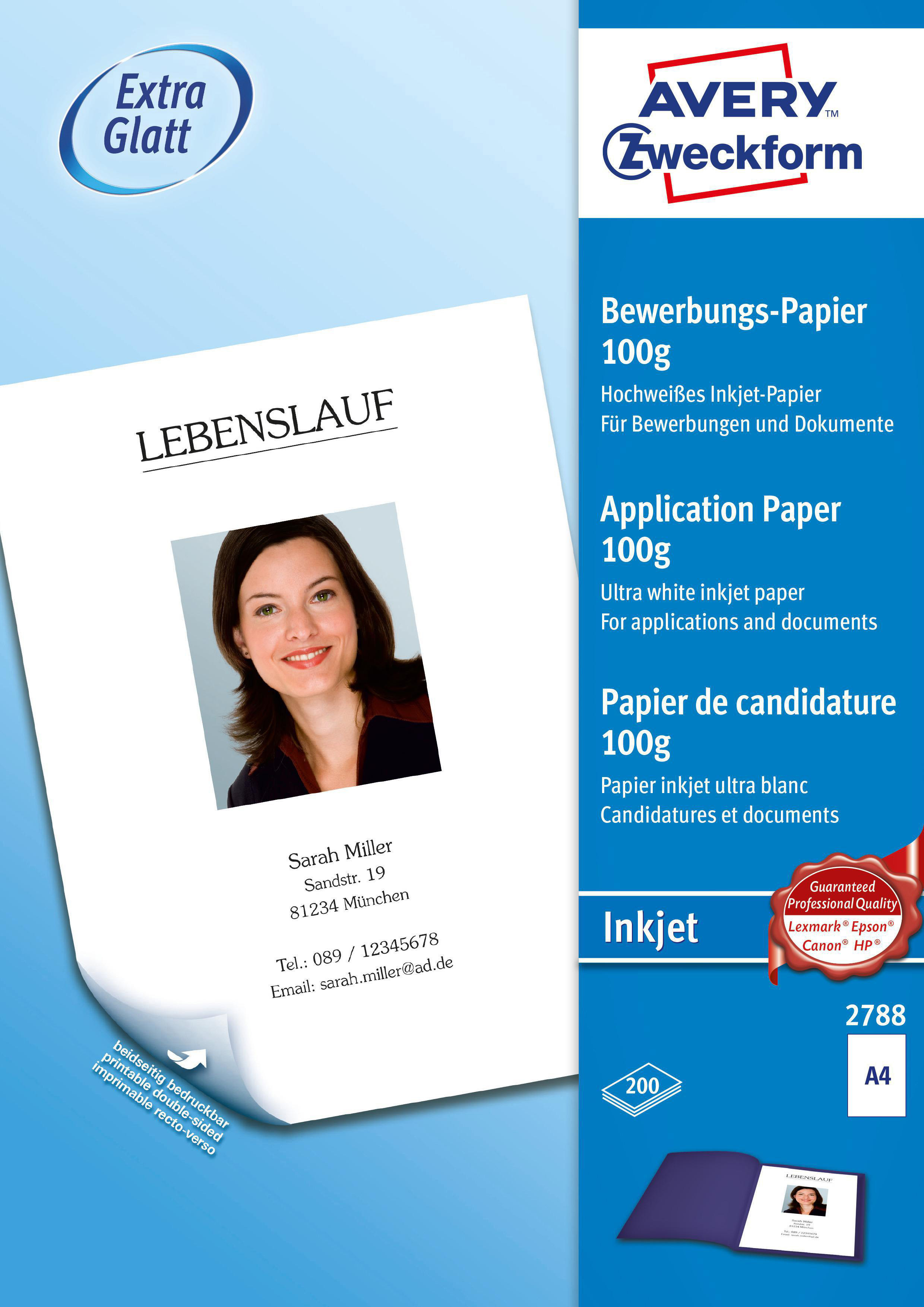 Avery Zweckform Lebenslauf-Dokument mit Foto und Text. Der Hintergrund ist weiß mit Details.