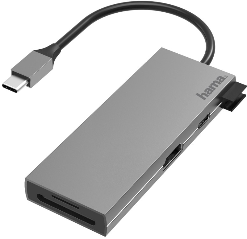 Ein silberner USB-C-Hub mit verschiedenen Anschlüssen und einem schwarzen Kabel.