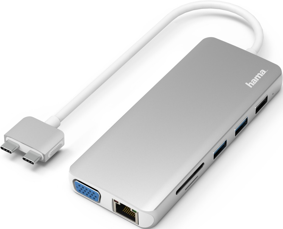Silberner USB-C-Hub mit mehreren Anschlüssen, verbunden mit einem weißen Kabel.