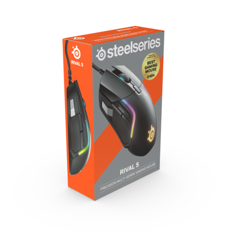 Bir kutuda oyun faresi. Kutu siyah ve turuncudur. Metin: RIVAL 5, steelseries.
