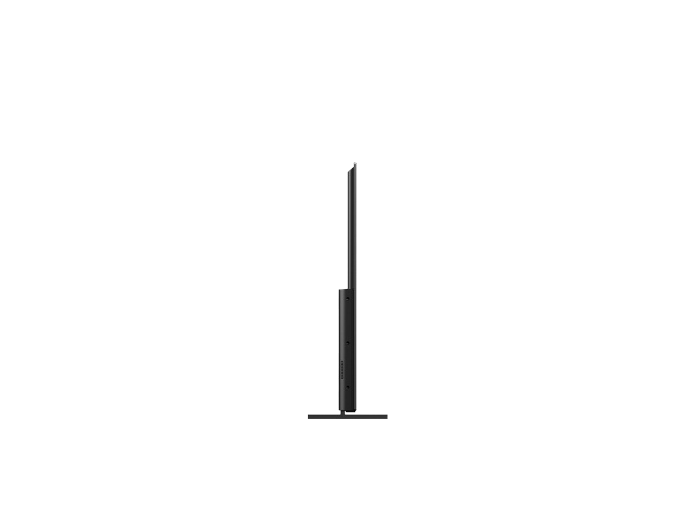 Un soporte de TV negro con una estructura delgada, vertical y oscura sobre un fondo negro.