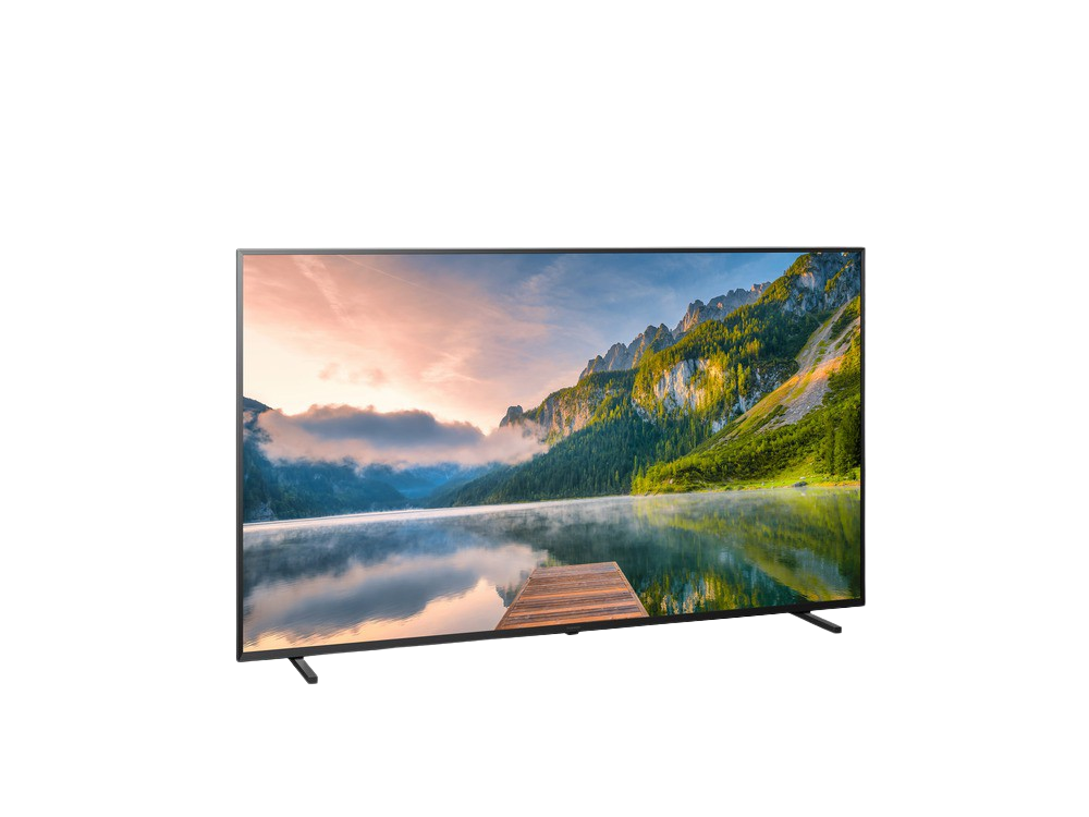 Un televisor de pantalla ancha que muestra un lago y montañas.