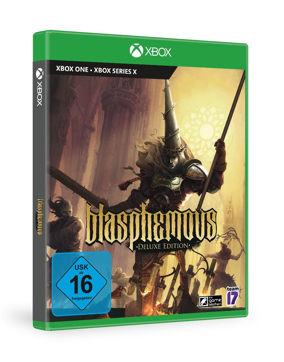 Spielbox mit einer Illustration eines Ritters. Der Text enthält 'Blasphemous' und 'Xbox One + Xbox Series X'.