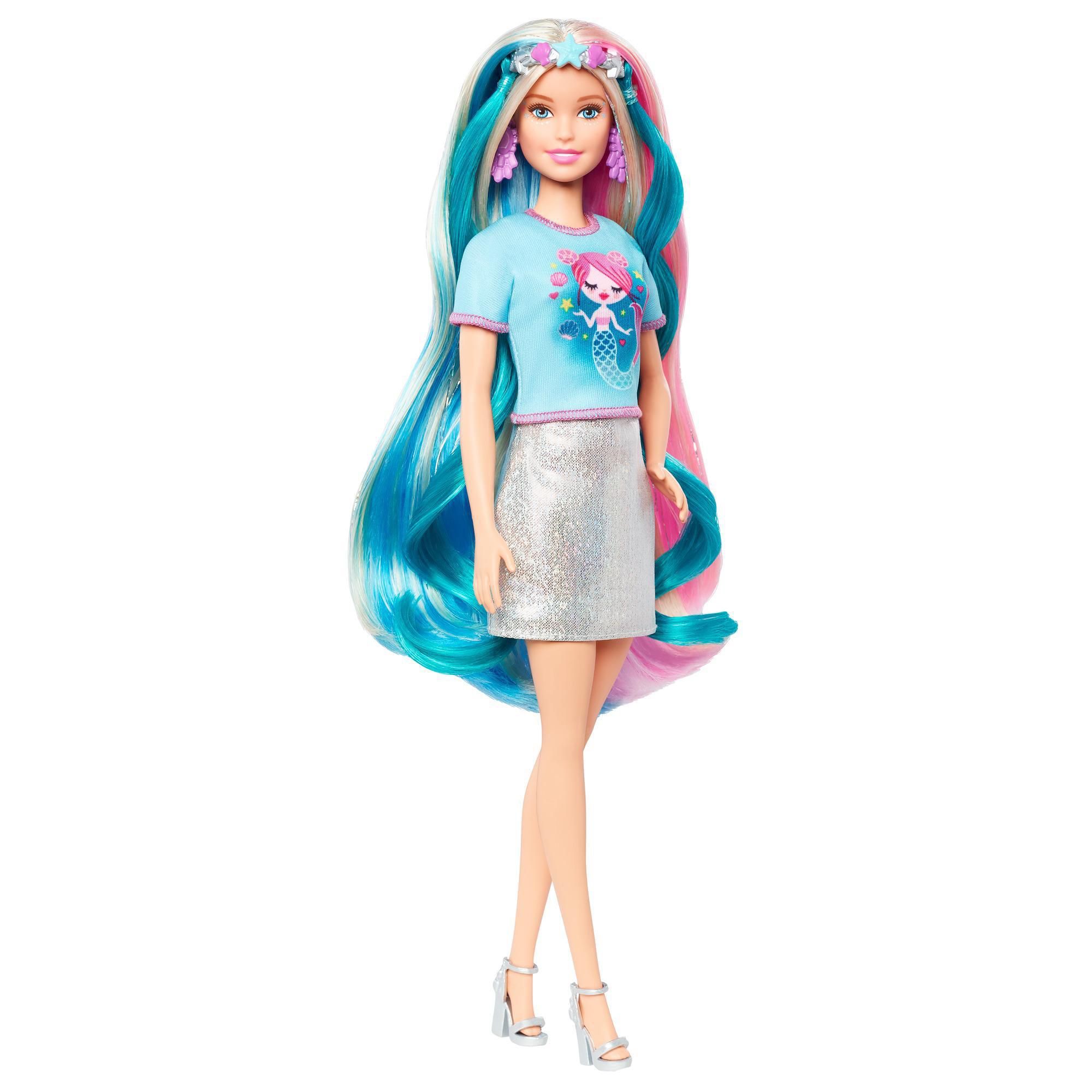 Barbie-Puppe mit langen blauen und rosa Haaren und silbernem Rock.