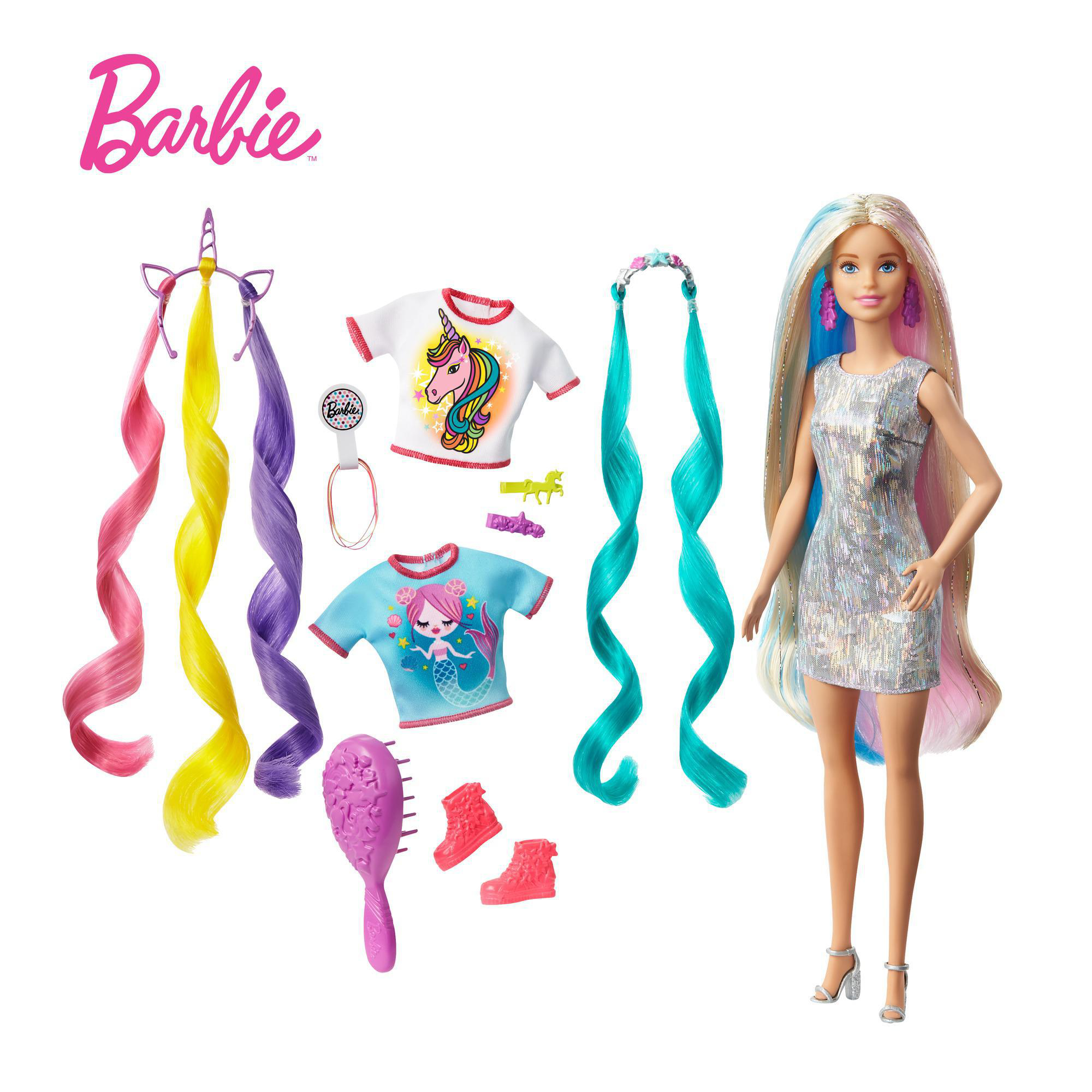 Barbie-Puppe mit Styling-Zubehör. Enthält Puppe, Outfits, Perücken, Bürste und Stirnband.