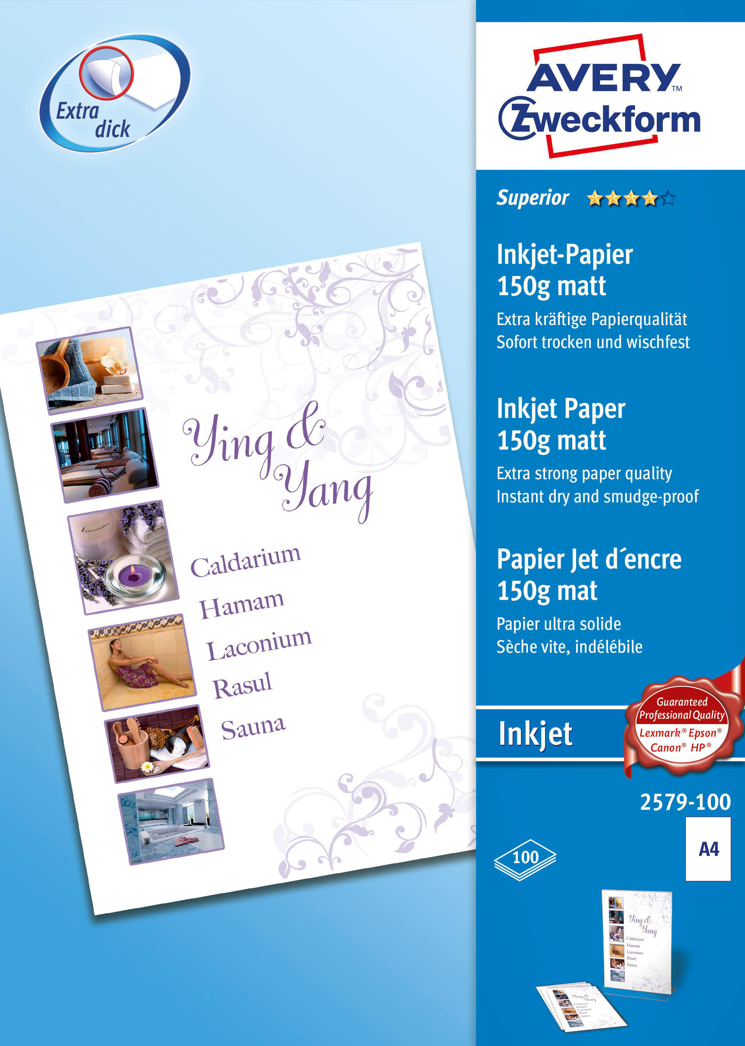 Gedruckte Seite, 'Ying & Yang', mit Bildern von Spa-Behandlungen. Text in Englisch und Deutsch.