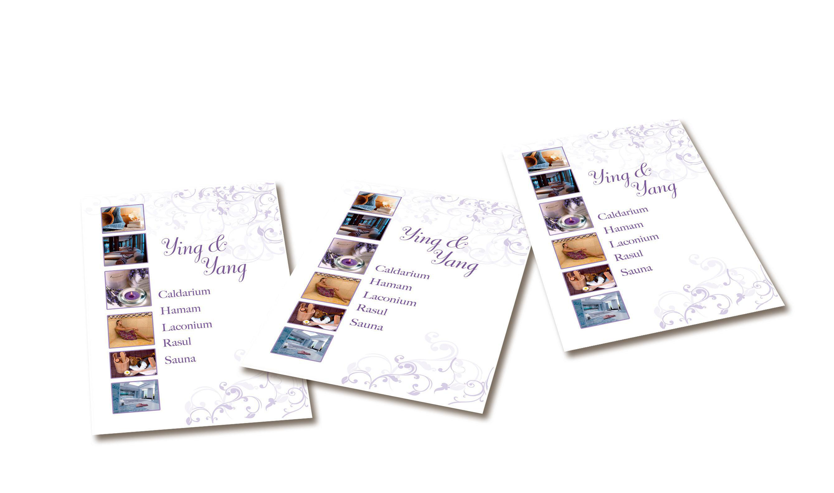 Drei Karten mit 'Ying & Yang' Text und Spa-Bildern. Weißer Hintergrund mit lila Wirbeln.