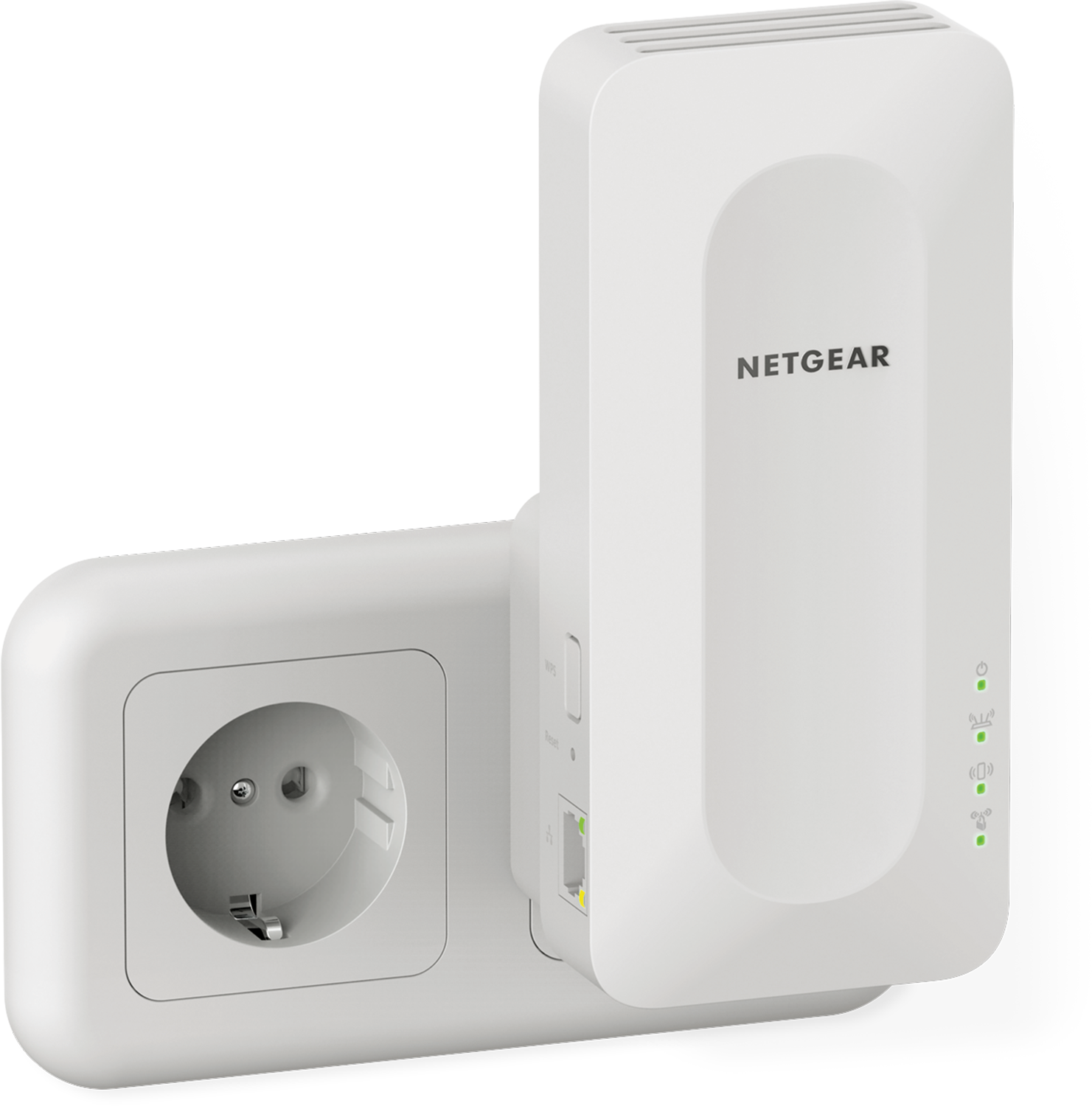 White Netgear device plugged into an outlet, with indicator lights and ports visible.