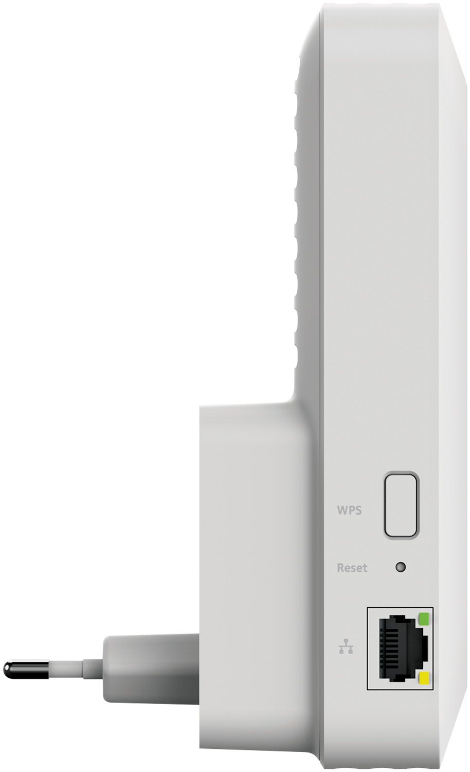A white network extender with a plug.