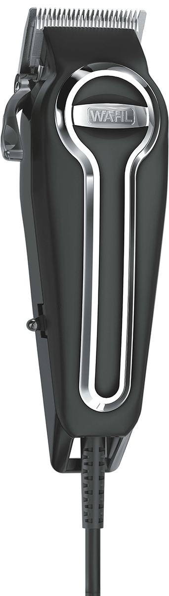 Black hair clipper with a silver metallic detail and a power cord.