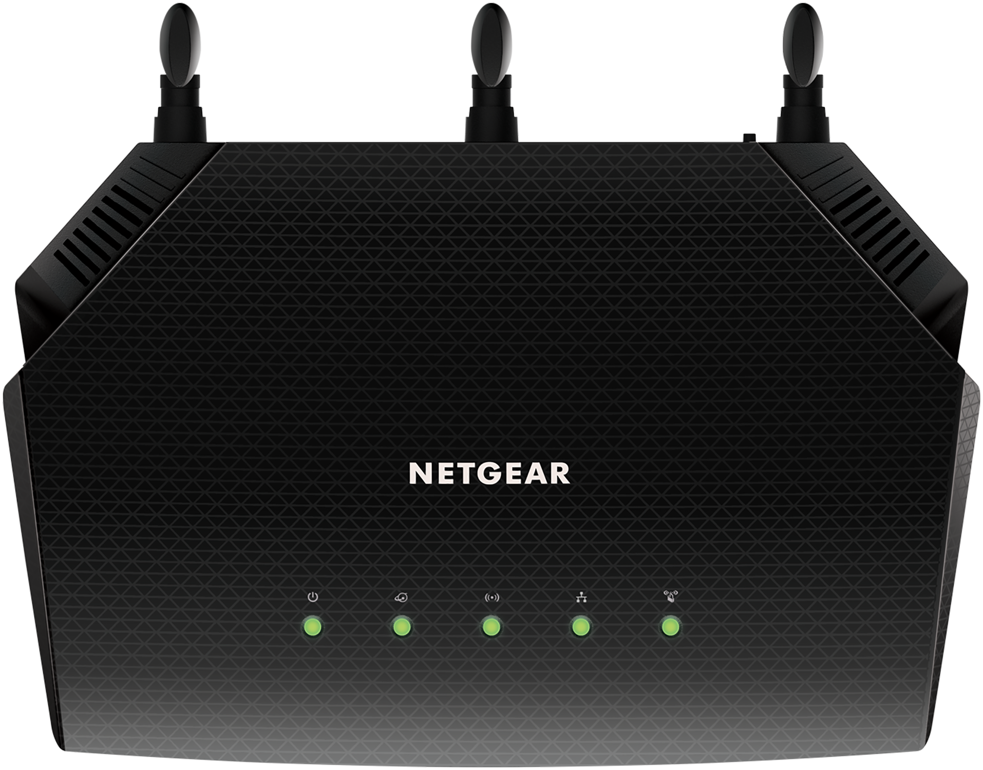 Black Netgear Wi-Fi router with three antennas.