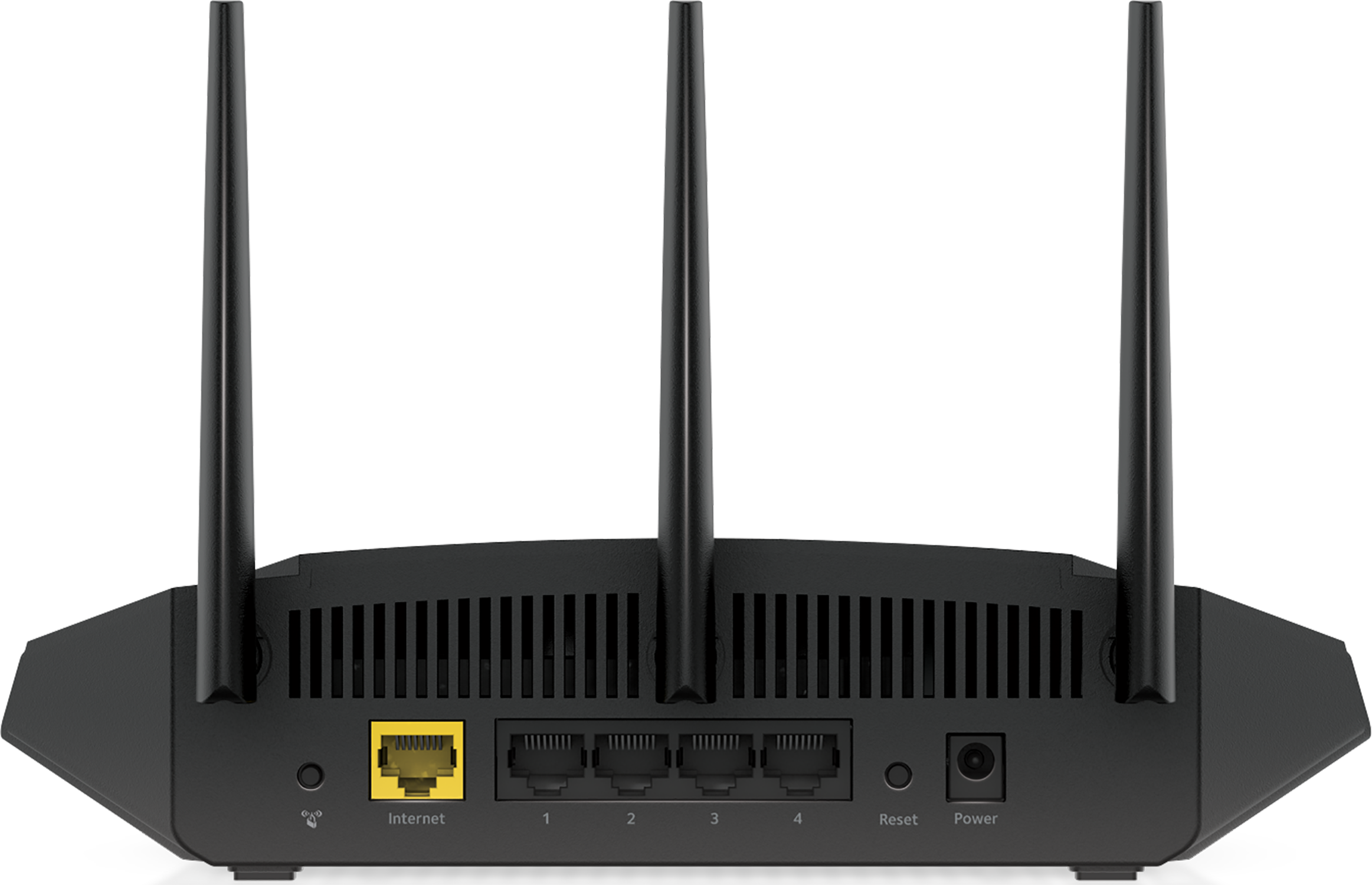 Black router with three antennas, labeled ports, and a reset button.