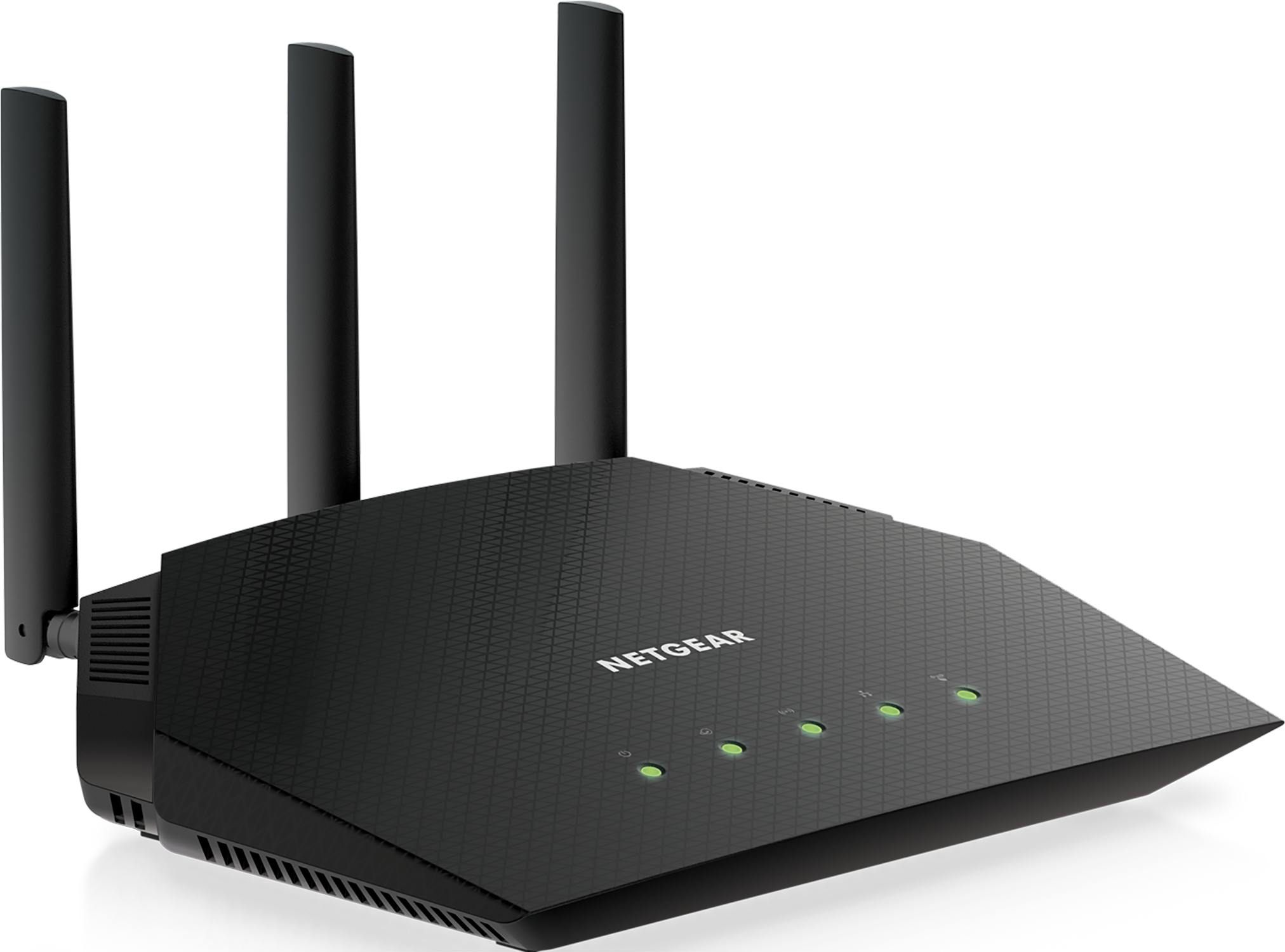 Black Netgear router with three antennas, LED lights, and the brand name.
