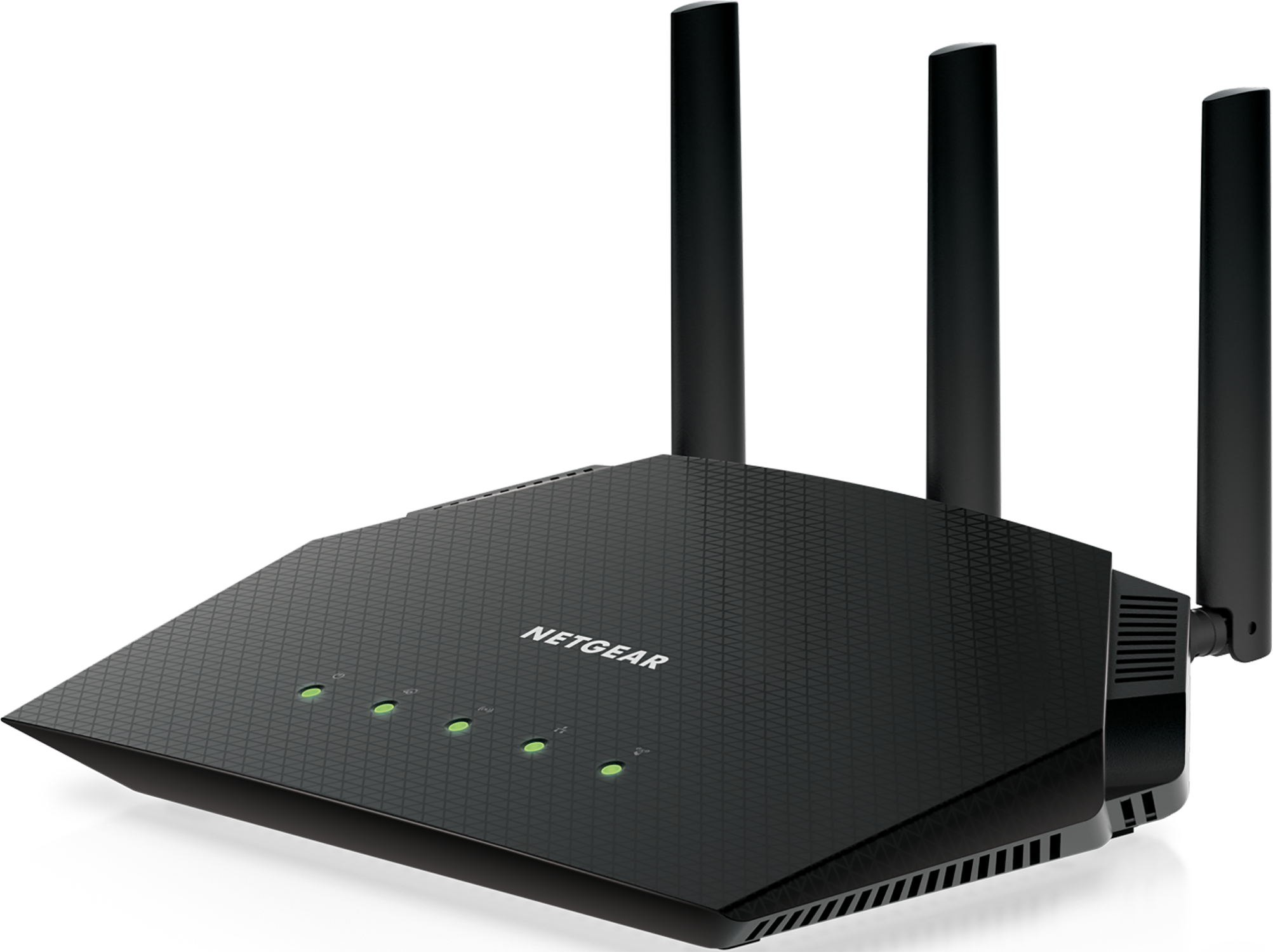 A black NETGEAR router with antennas, lit green status lights. Glossy black surface.