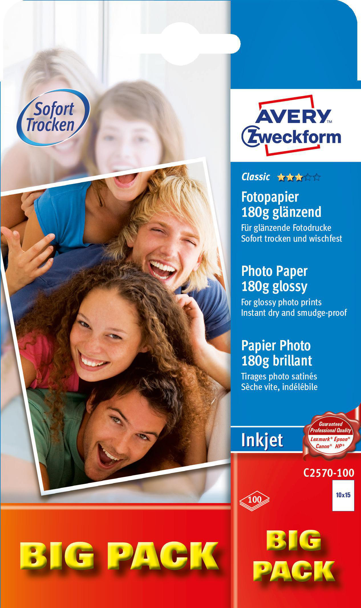 Fotopapier-Verpackung mit einer Gruppe lächelnder Menschen, Text und Logos. Rot und Weiß.