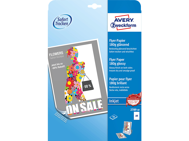 AVERY ZWECKFORM 2789-40 Inkjet Flyer, beidseitig beschichtet, 180 g/m², 40 Blatt Flyer Papier 210 x 297 mm A4 Inhalt: 40 Blatt