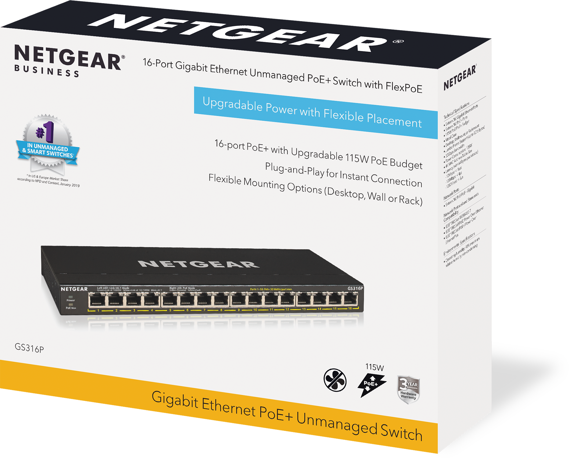 A product box of a black network switch. The box features text and an image of the switch.