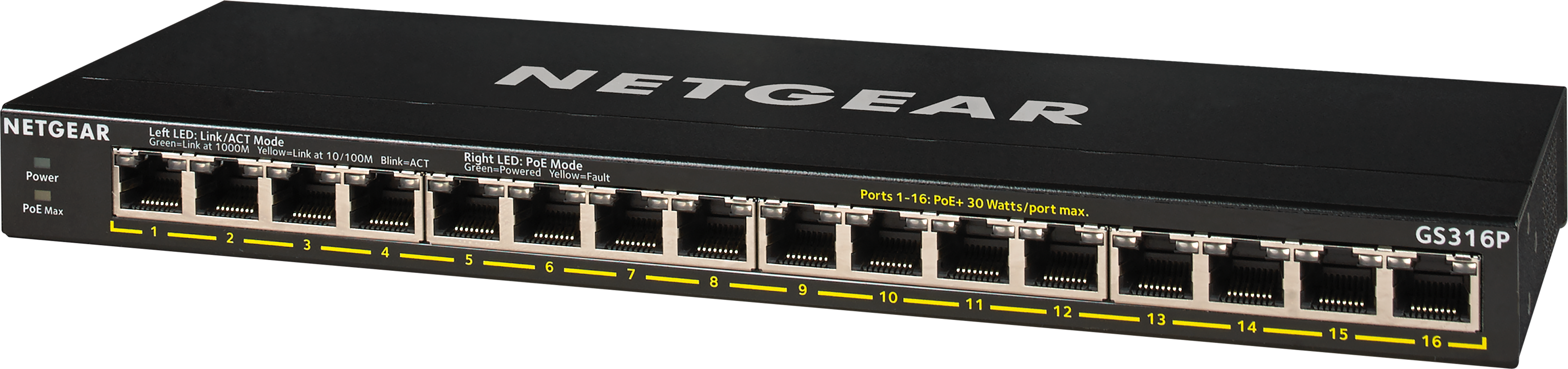 Black NETGEAR network switch with multiple ports labeled and power indicators.