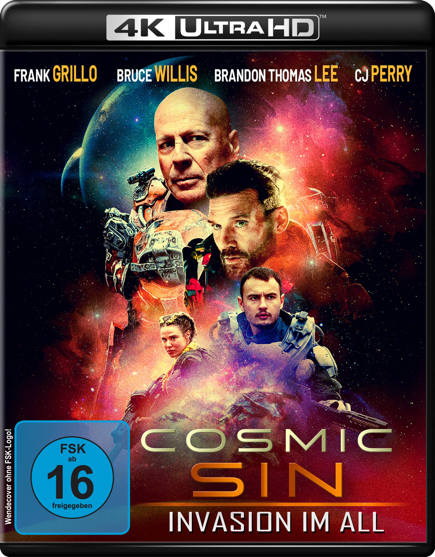 Filmposter: Schauspieler in einer Weltraumszene. Titel: Cosmic Sin, mit Frank Grillo, Bruce Willis.
