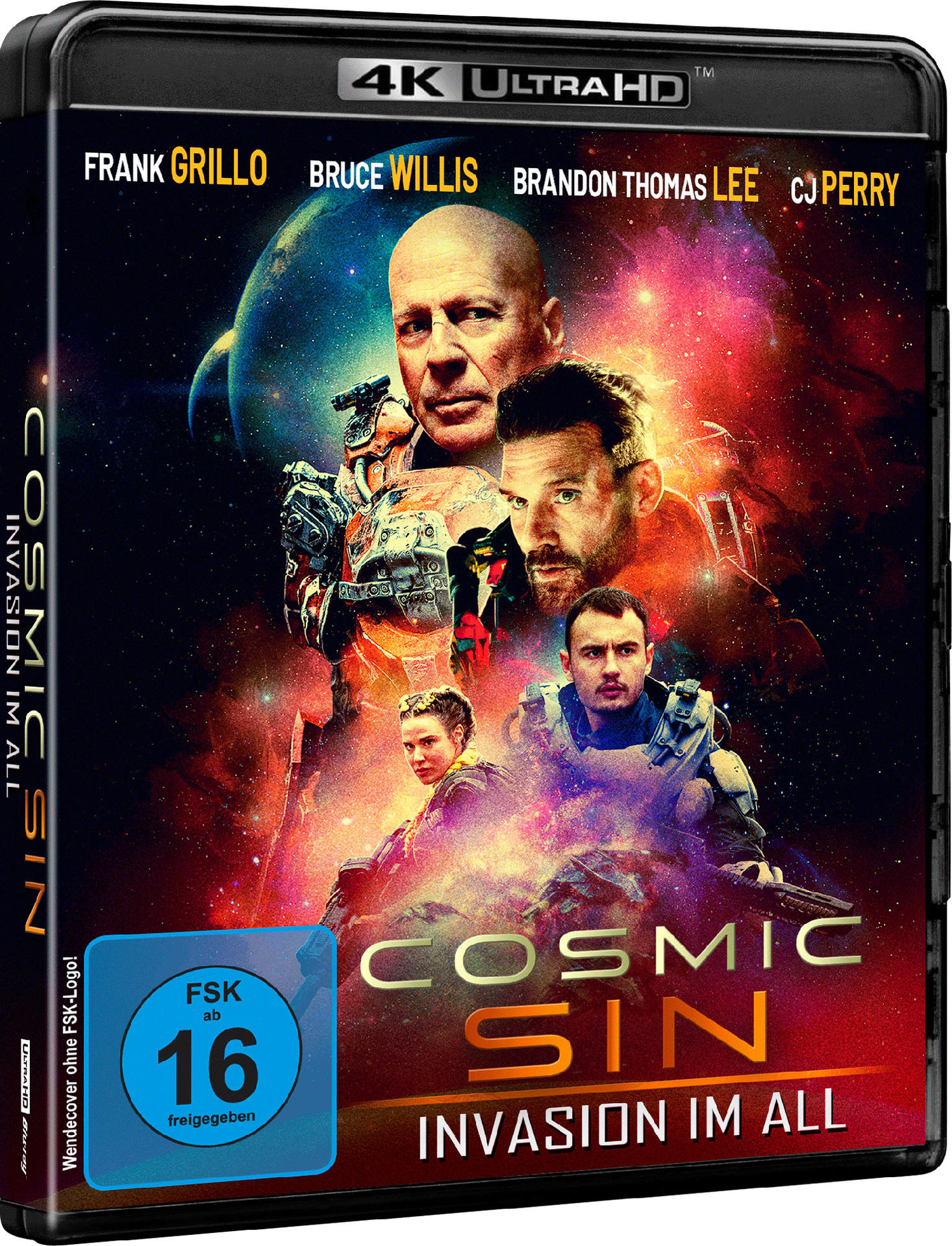 Filmcover. Schauspieler Frank Grillo, Bruce Willis und andere, in einer Weltraum-Szene. Inklusive Bewertung.