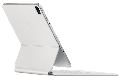 White tablet propped up on a white keyboard. Apple logo on the tablet's back.