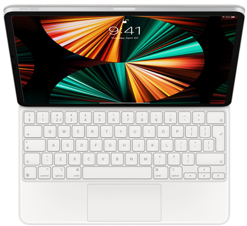 White keyboard with a tablet on top. The tablet shows the time: 9:41, with a black background.