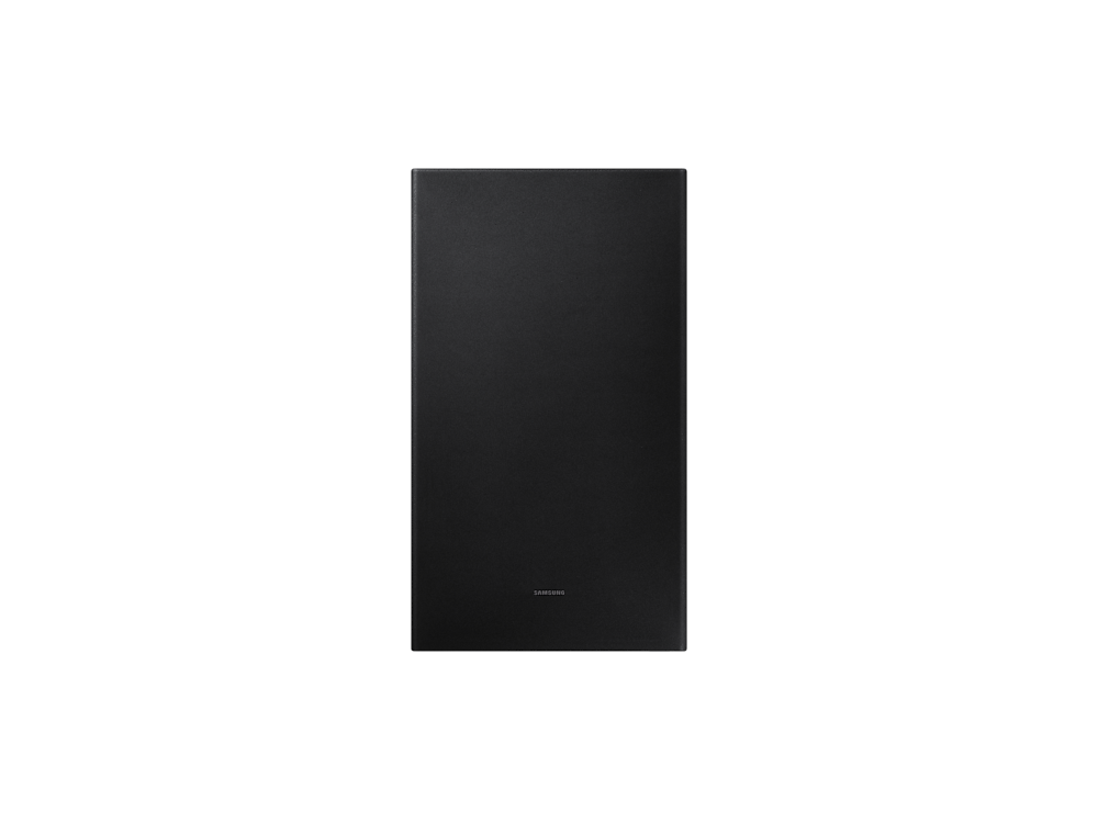 Un subwoofer rectangular negro sobre un fondo negro. El logotipo de Samsung es visible.