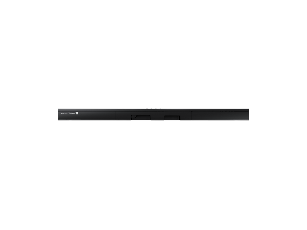Barra de sonido Samsung negra, con un logotipo de Dolby Audio, aislada en negro.