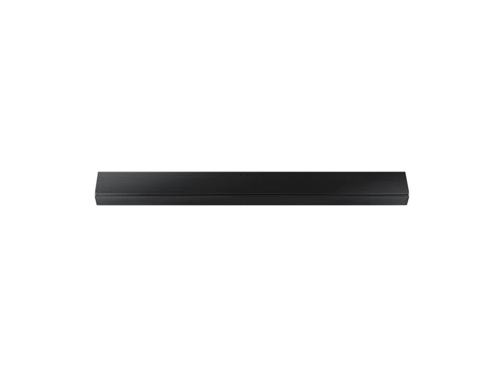 Una barra de sonido negra plana contra un fondo negro. La barra de sonido está centrada horizontalmente.