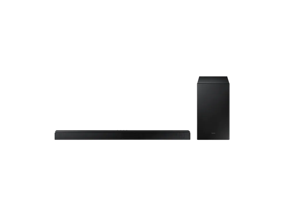 Barra de sonido y subwoofer negros sobre fondo negro. Diseño minimalista.