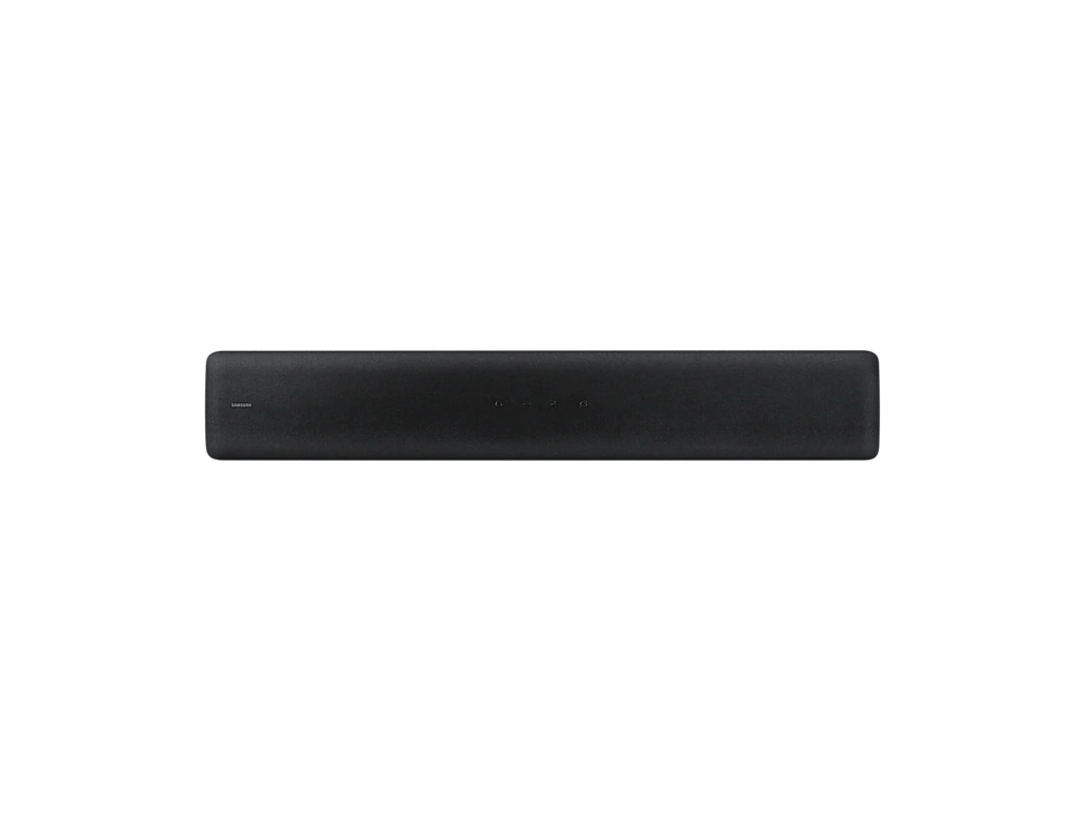 Una barra de sonido negra horizontal sobre un fondo negro. Tiene varios botones pequeños.