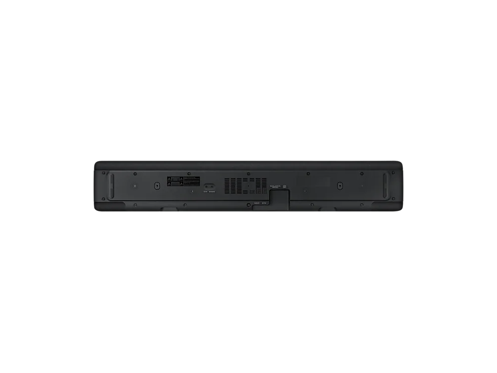 Barra de sonido negra, con el panel trasero que muestra puertos y conexiones.