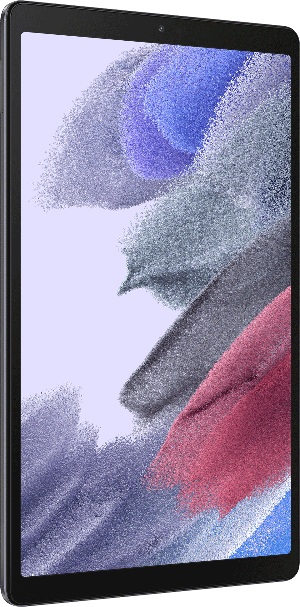 Een zwarte tablet met een paarse, blauwe en rode abstracte achtergrond.