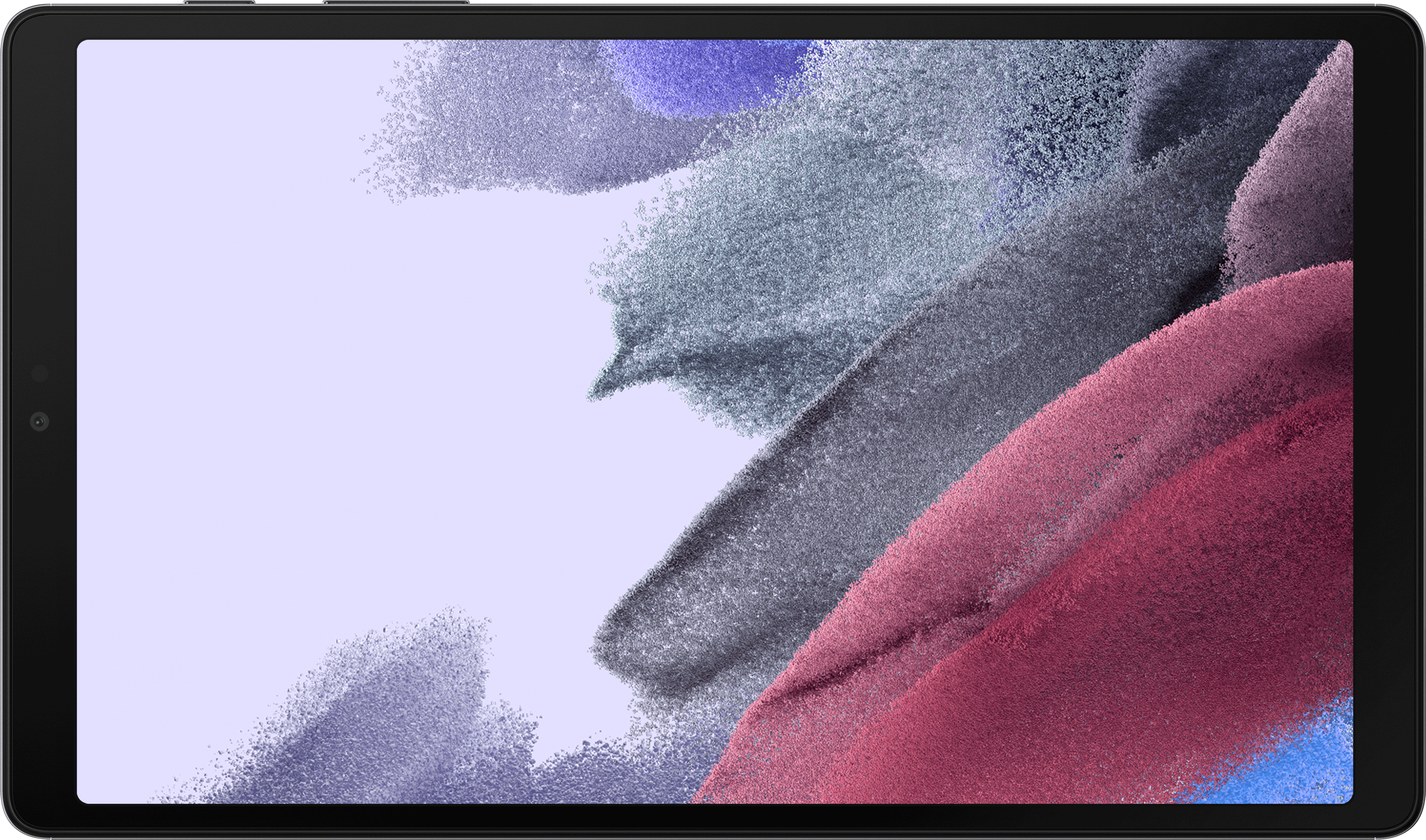 Een tablet met een abstracte achtergrond van paarse en grijze streken.