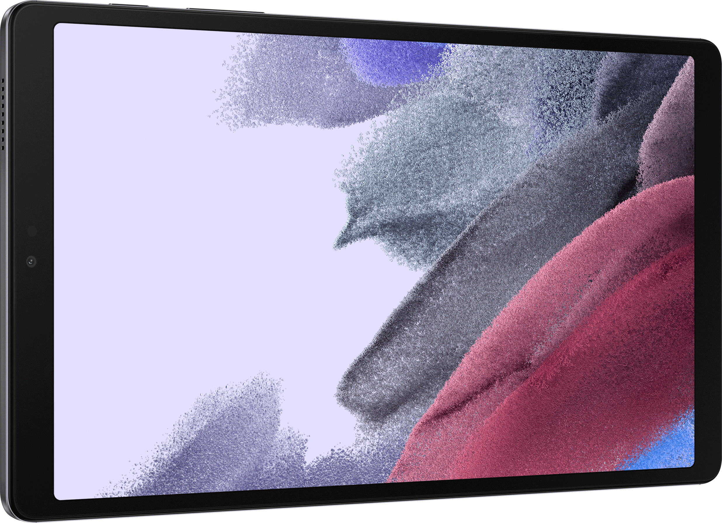 Een zwarte tablet met een kleurrijke abstracte achtergrond van wervelende vormen.