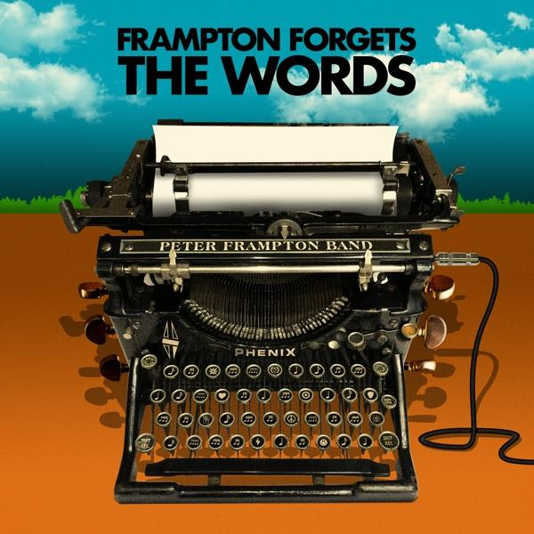 Album borító, 'Frampton Forgets The Words', írógéppel, égbolttal és narancssárga háttérrel.