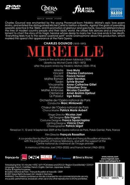 Back of the DVD case for the opera 'Mireille'. Text and a list of names are present.