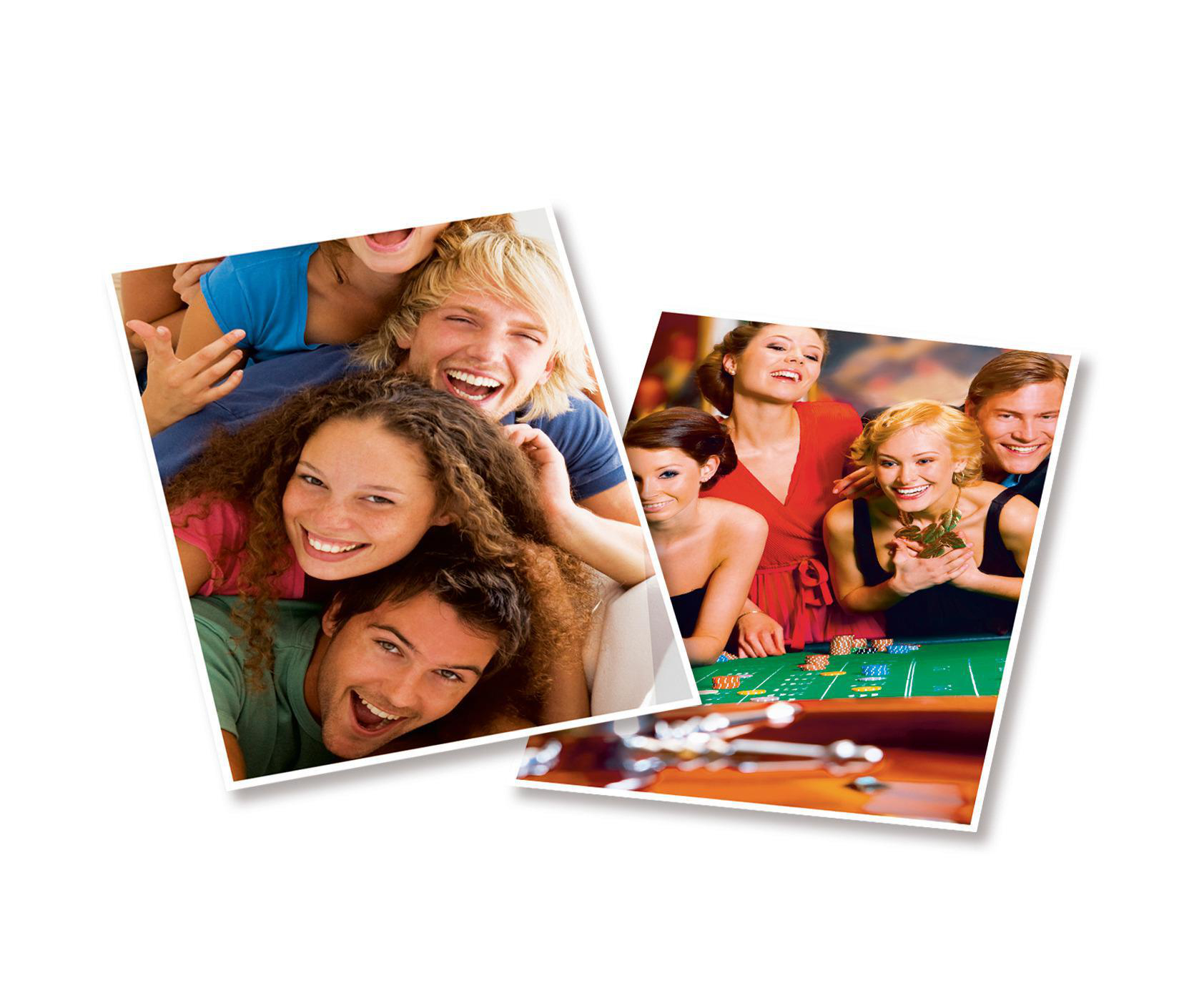Zwei Fotos von lachenden Menschen: ein Gruppenfoto und eine Casino-Szene mit Menschen und Chips.