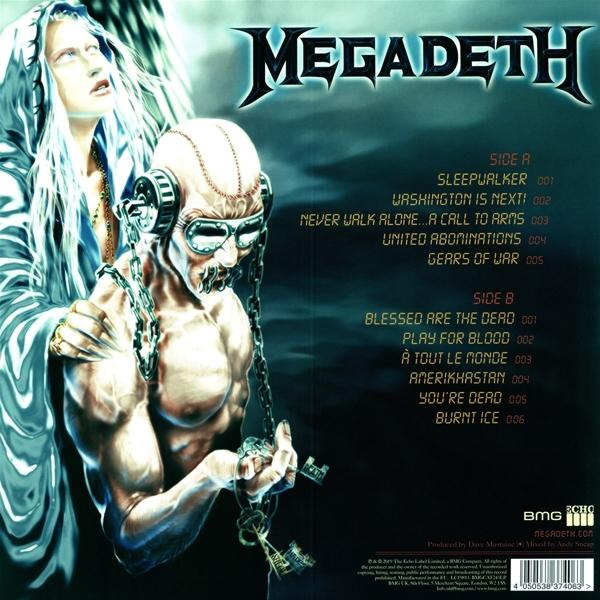 Album borító: láncolt figura szemüveggel, egy nő a háttérben, Megadeth logó és dalcímek.