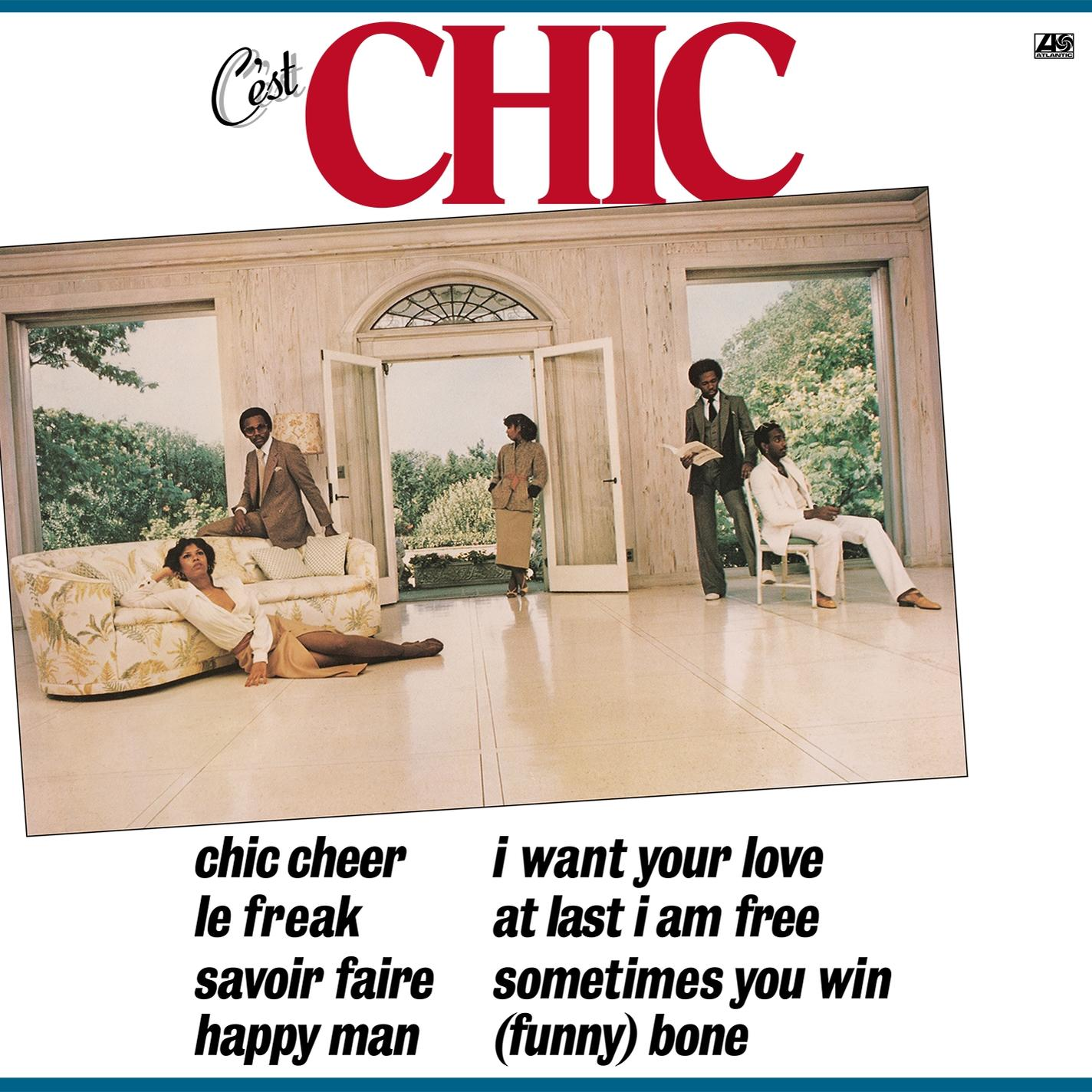 A Chic 'C'est Chic' albumának borítója. Emberek egy szobában szöveggel és dalfeliratokkal.